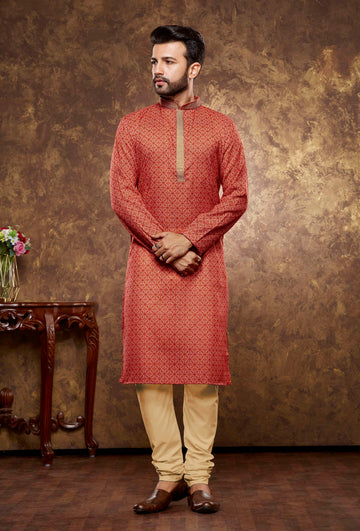 Men Red Geometric Digital Print Poly Cotton Kurta Pyjama