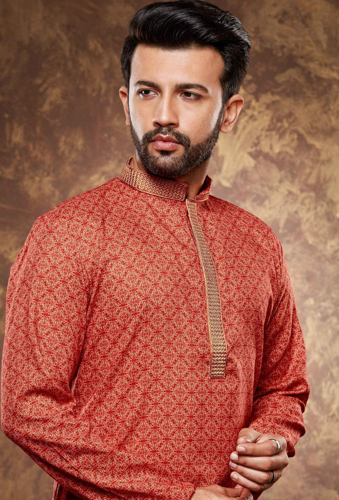Men Red Geometric Digital Print Poly Cotton Kurta Pyjama