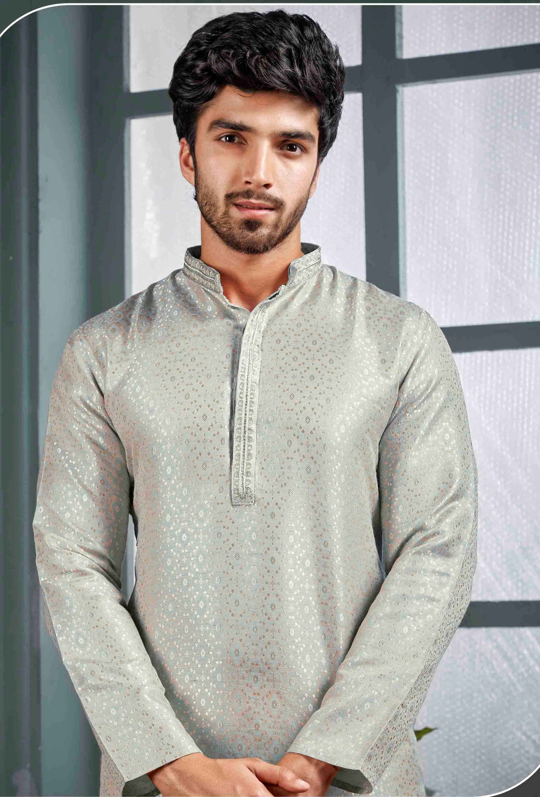 Men Silver Self Design Jacquard Kurta Pyjama