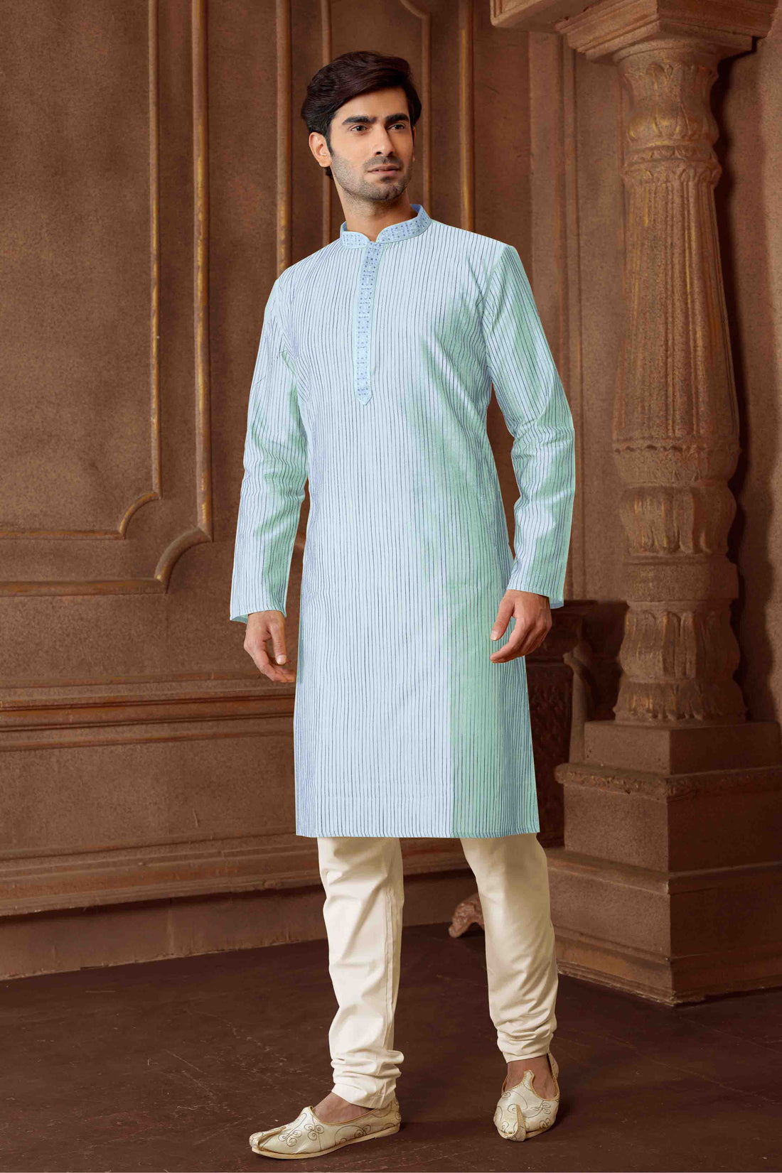 Men Sky Blue Polycotton Blend Striped Kurta Pyjama