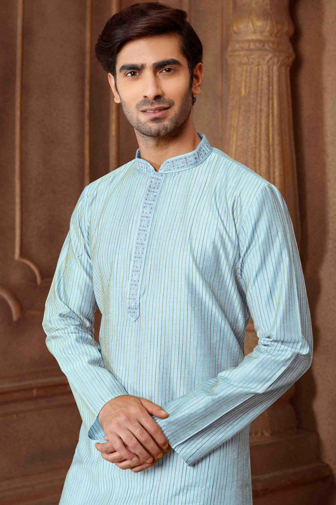 Men Sky Blue Polycotton Blend Striped Kurta Pyjama