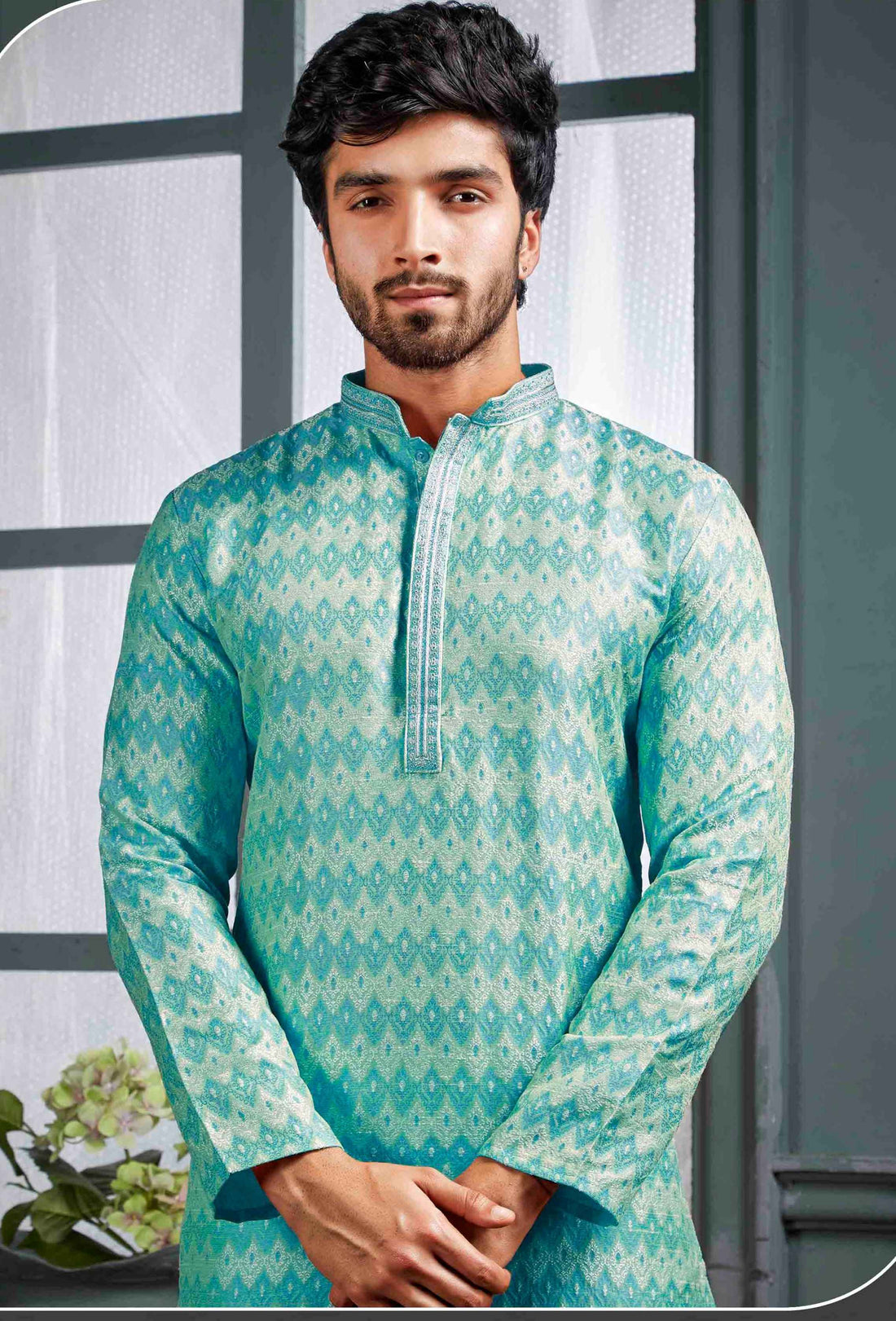 Men Sky Blue Self Design Jacquard Kurta Pyjama
