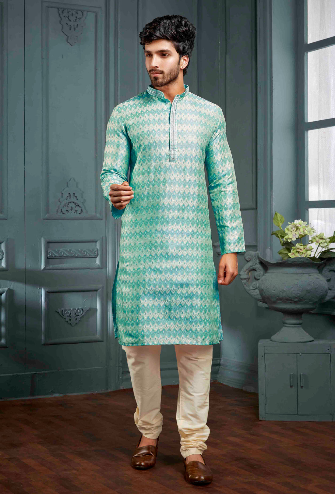 Men Sky Blue Self Design Jacquard Kurta Pyjama
