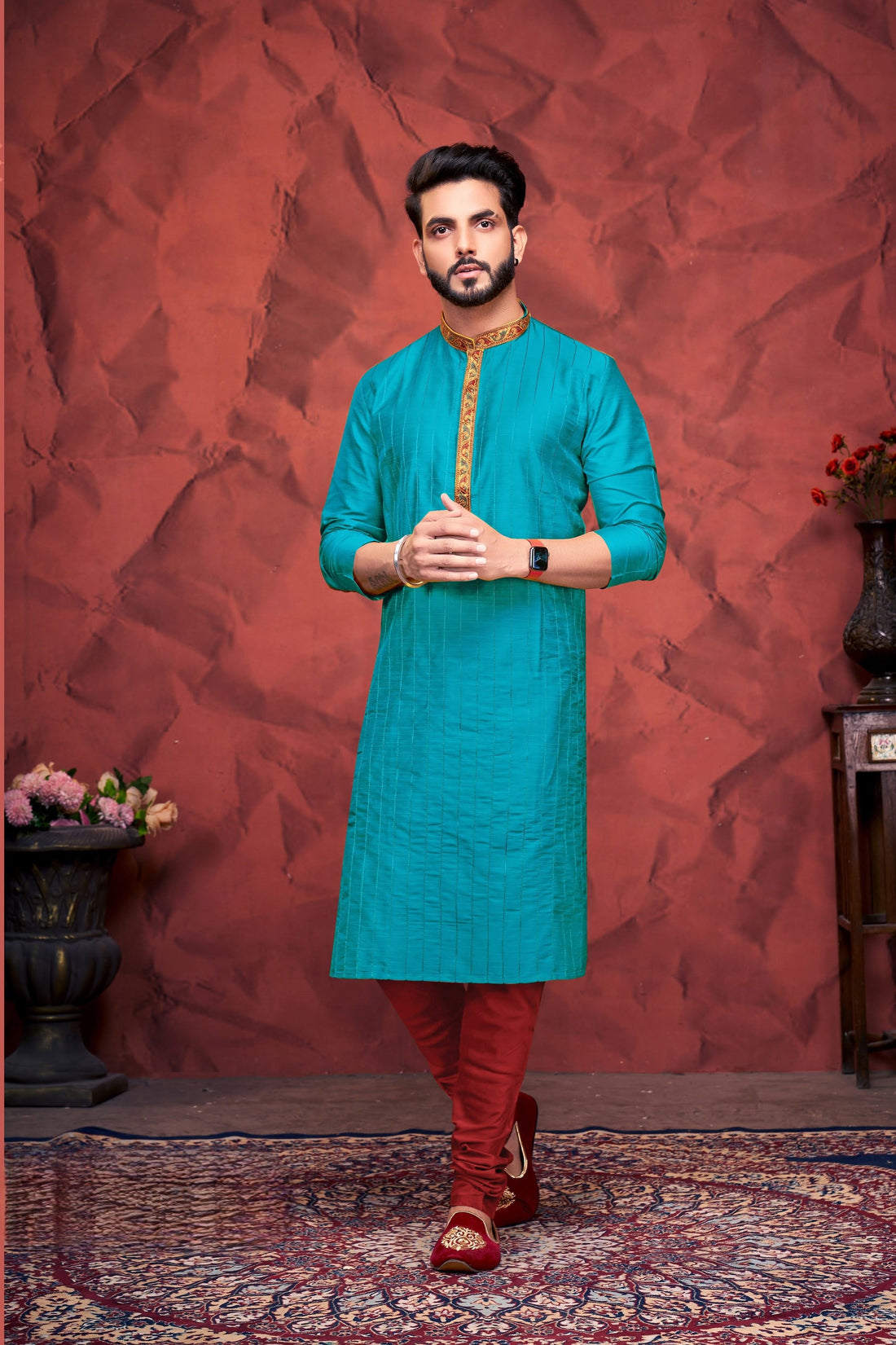 Men Sky Blue Slub Striped Embroidered Kurta Pyjama