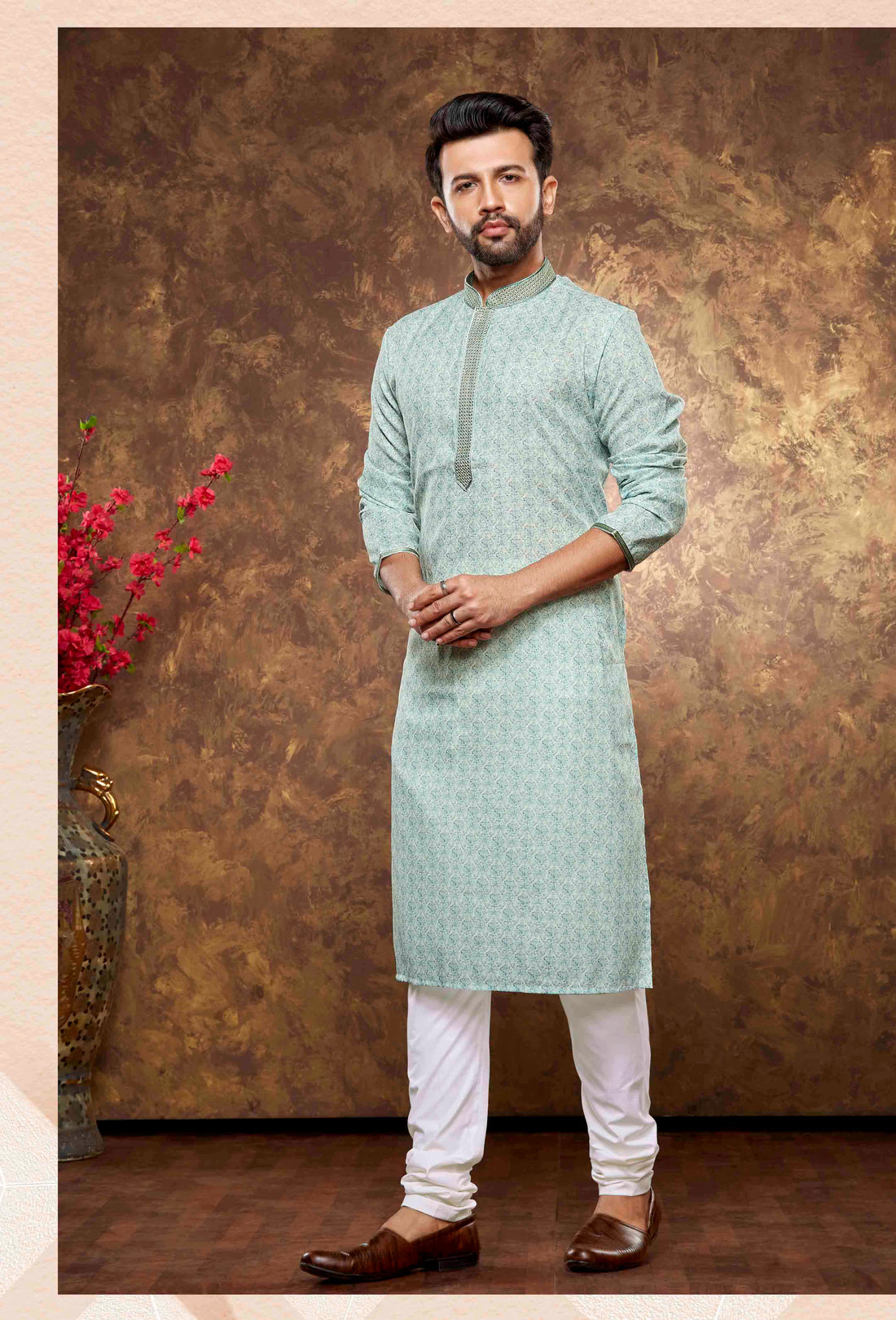 Men Teal Digital Print Poly Cotton Kurta Pyjama