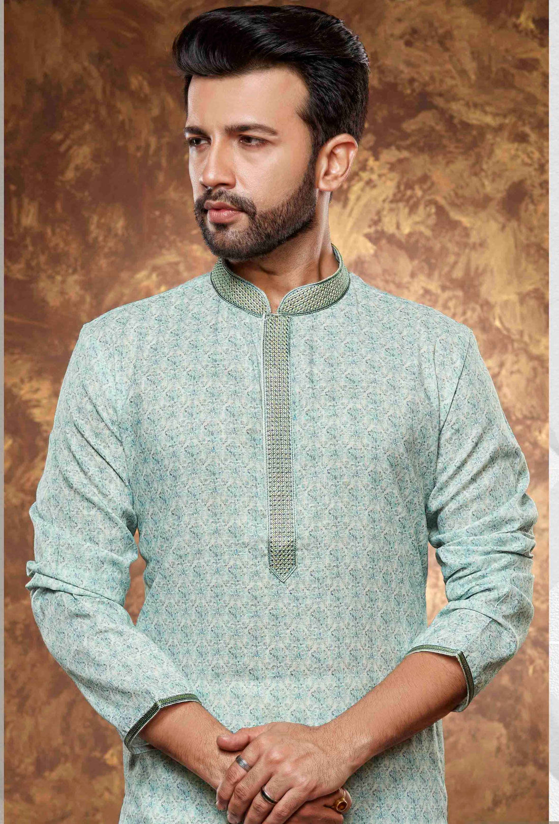 Men Teal Digital Print Poly Cotton Kurta Pyjama