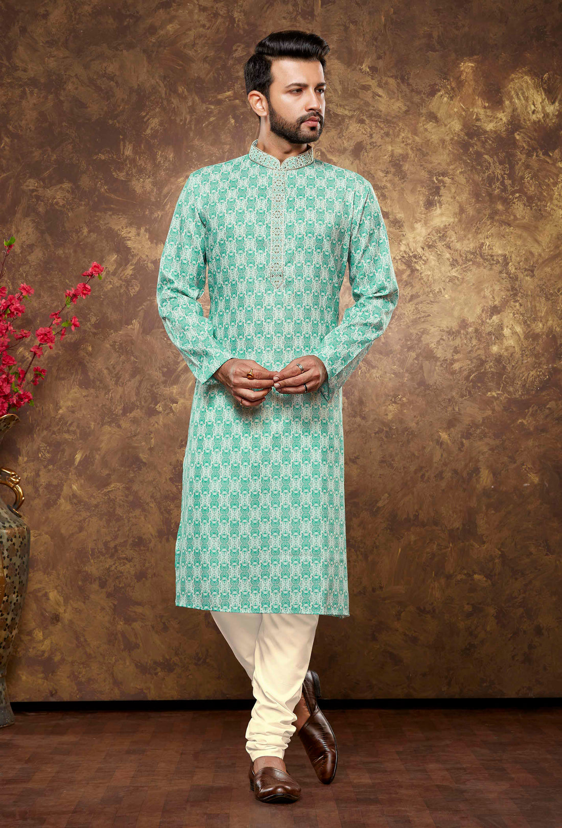Men Teal Geometric Digital Print Poly Cotton Kurta Pyjama