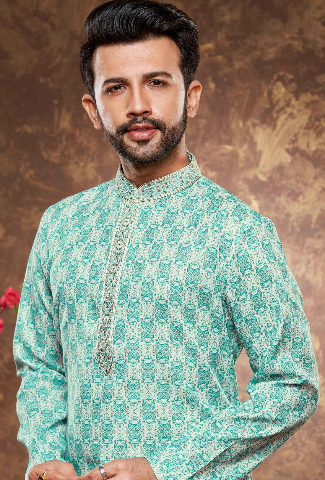 Men Teal Geometric Digital Print Poly Cotton Kurta Pyjama