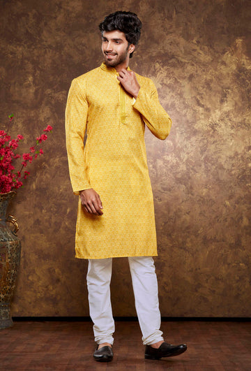 Men Yellow Geometric Digital Print Poly Cotton Kurta Pyjama