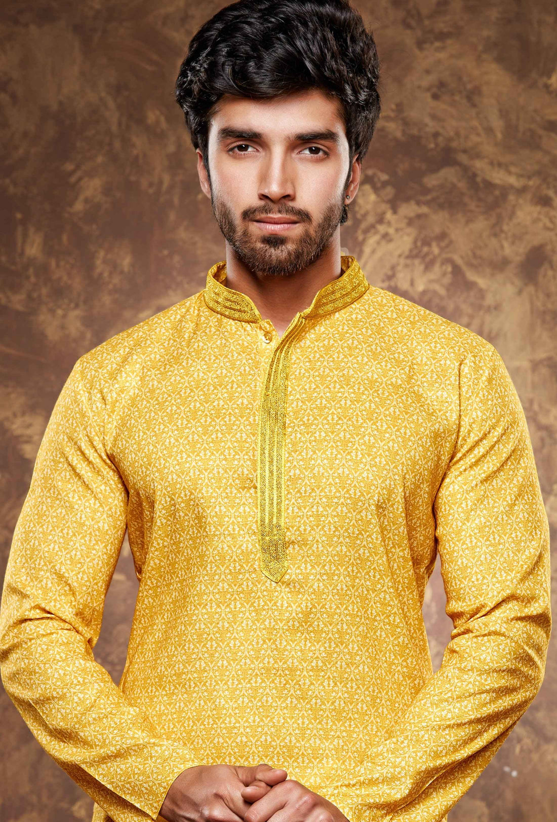 Men Yellow Geometric Digital Print Poly Cotton Kurta Pyjama