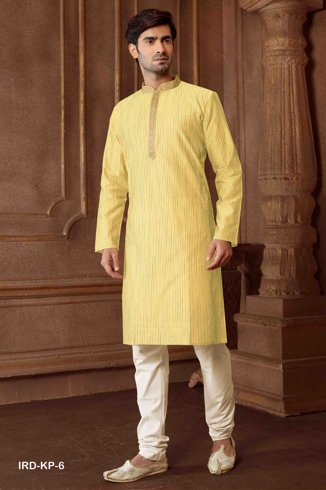 Men Yellow Polycotton Blend Striped Kurta Pyjama