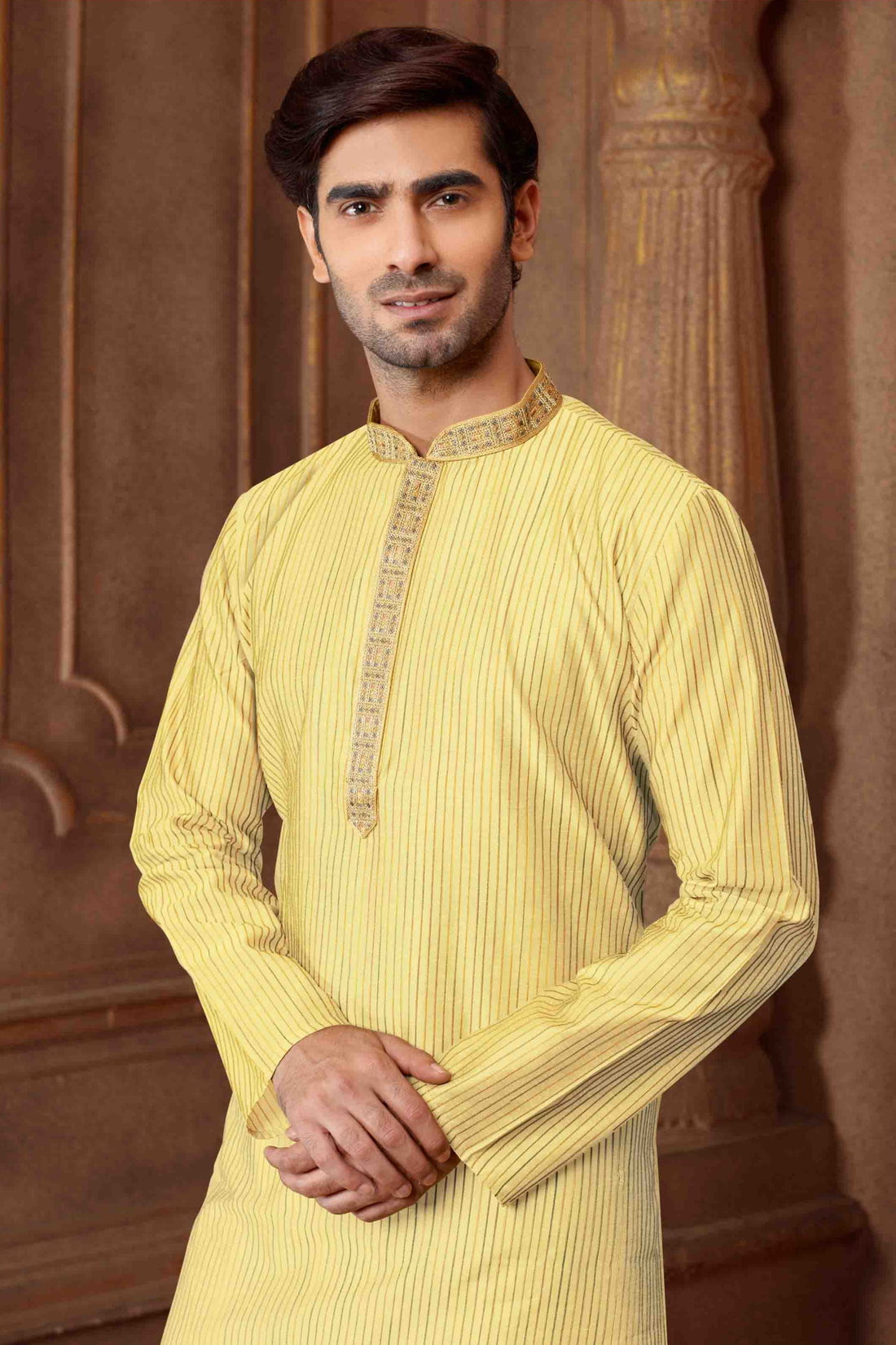 Men Yellow Polycotton Blend Striped Kurta Pyjama