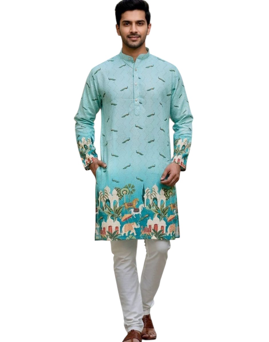 Men’s Aqua Blue Printed Kurta with Peacock & Garden Motif Festive Ethnic Wear - Buy