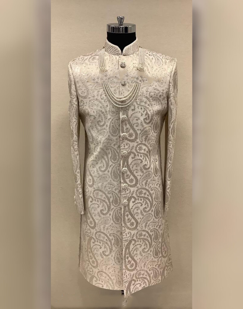 Men’s Dark Fawn Embellished Sherwani Set Luxury Wedding Attire