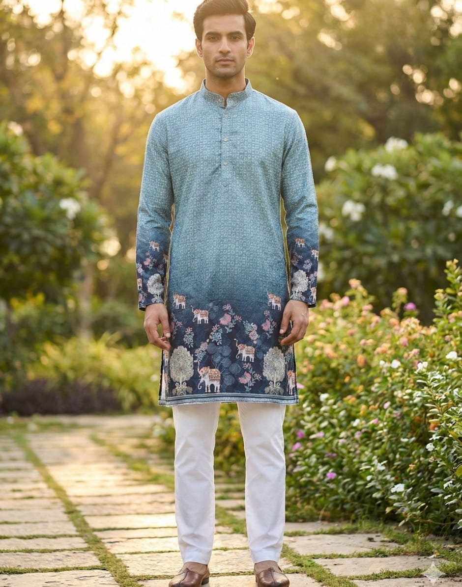 Men’s Designer Blue Kurta with Artistic Elephant Print Traditional Kurta - Buy