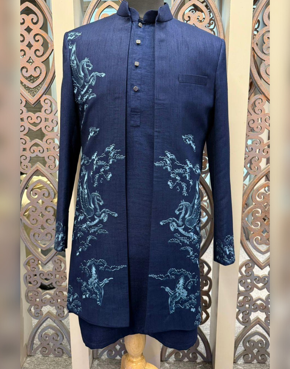 Men’s Designer Kurta Jacket Set with Nature-Inspired Bird Embroidery
