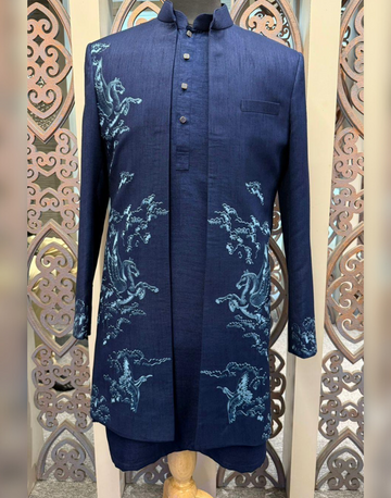 Men’s Designer Kurta Jacket Set with Nature-Inspired Bird Embroidery
