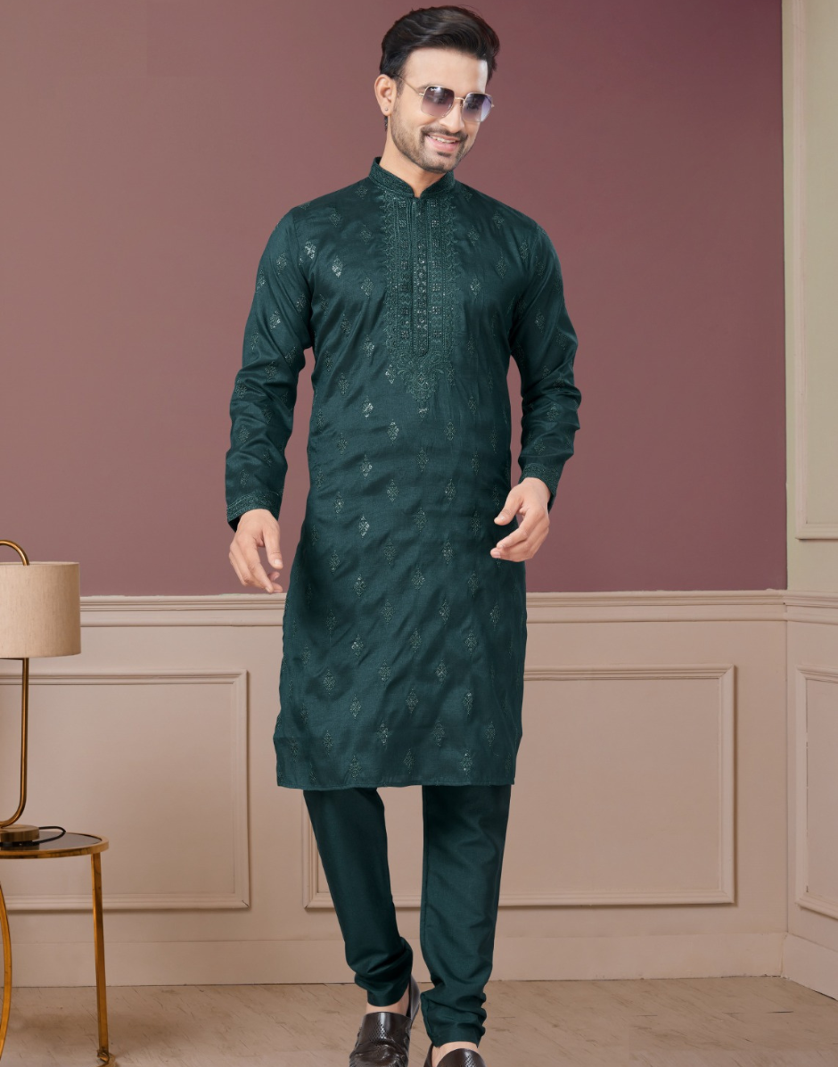 Men’s Embroidered Kurta Pajama in Green Sequin & Paisley Detailing