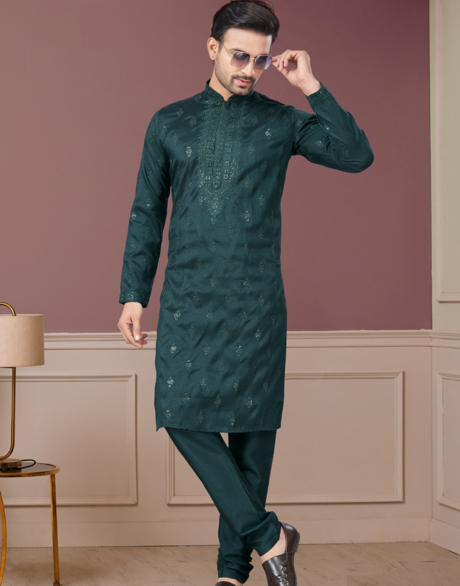 Men’s Embroidered Kurta Pajama in Green Sequin & Paisley Detailing