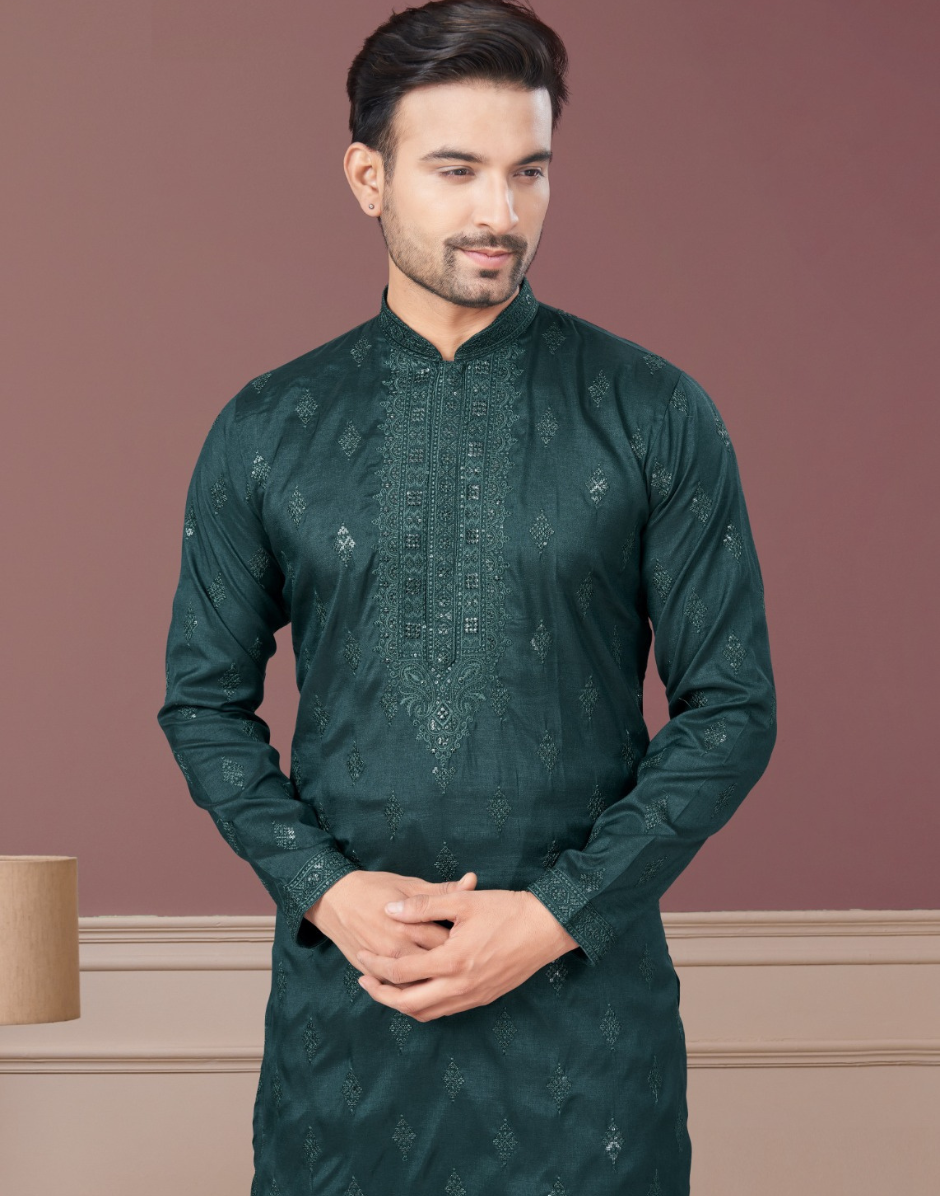 Men’s Embroidered Kurta Pajama in Green Sequin & Paisley Detailing_2
