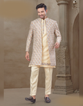 Men’s Floral Jacquard Silk Kurta Set Cream Ethnic Jacket and Pant Ensemble
