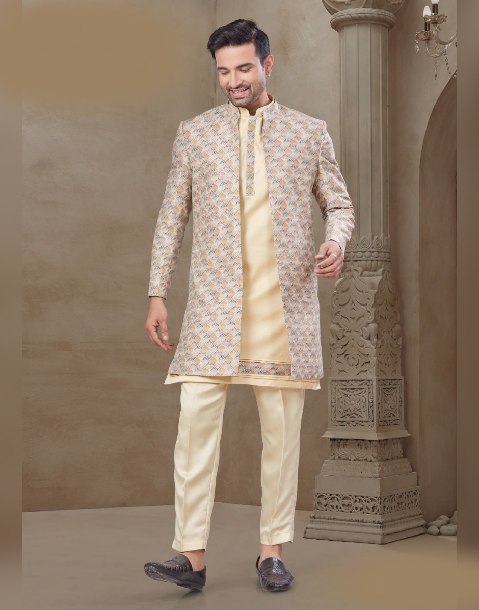 Men’s Floral Jacquard Silk Kurta Set Cream Ethnic Jacket and Pant Ensemble