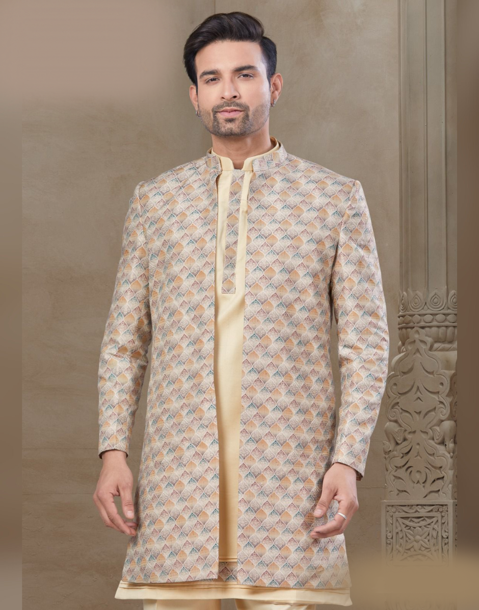 Men’s Floral Jacquard Silk Kurta Set Cream Ethnic Jacket and Pant Ensemble_1