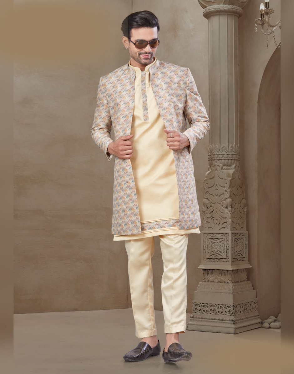 Men’s Floral Jacquard Silk Kurta Set Cream Ethnic Jacket and Pant Ensemble_2