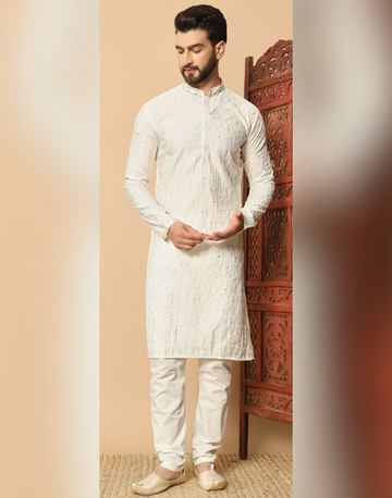 Men’s Jacquard Kurta with Sequins Detailing and Cotton Pyjama Traditional Indian Outfit