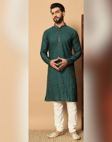 Men’s Jacquard Kurta with Sequins Detailing and Cotton Pyjama Traditional Indian Outfit_3