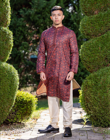 Men's Maroon Geometric Pattern Printed Kurta Modern Elegance Redefined