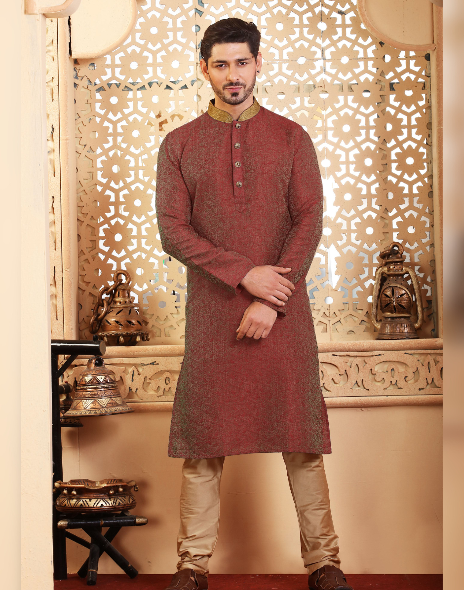 Men’s Maroon Kurta Set Classic Style for Celebrations Festivals