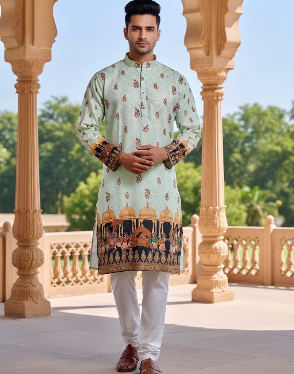 Men’s Mint Green Printed Kurta with Royal Palace Motif Designer Ethnic Wear - Buy