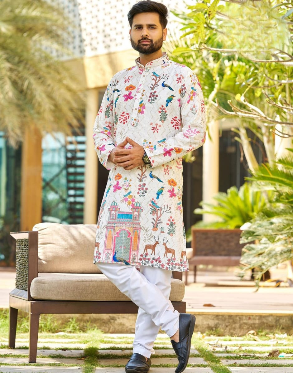 Men’s Off-White Printed Kurta with Peacock & Floral Motif Designer Ethnic Wear - Buy
