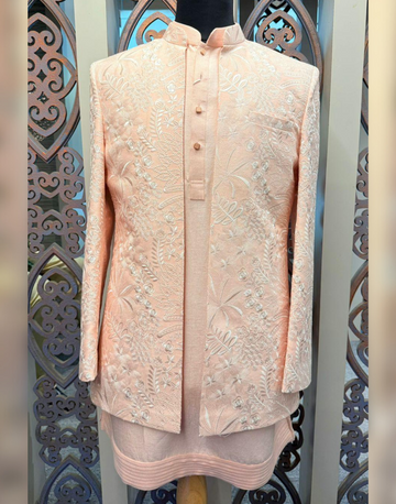 Men’s Peach Floral Embroidered Kurta with Jacket Traditional Indian Outfit