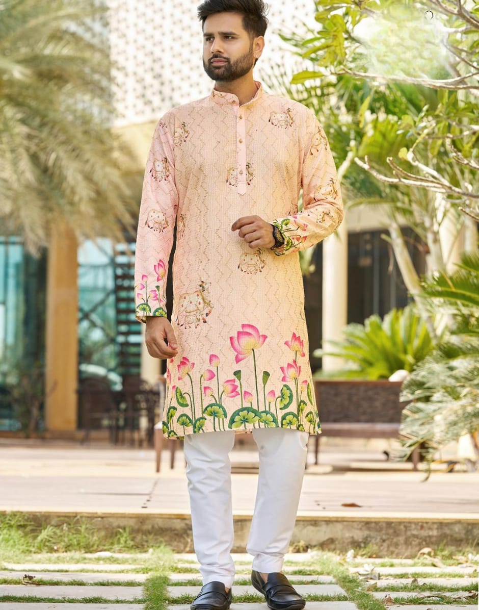 Men’s Peach Floral Printed Kurta with Lotus Motif Elegant Festive & Wedding Wear - Buy