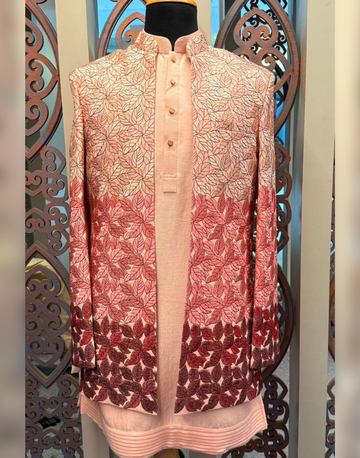 Men’s Three-Tone Peach Kurta Jacket Set with Floral Threadwork