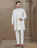 Men’s White Floral Jacquard Silk Kurta Pant Jacket Set – Timeless Ethnic Elegance_1