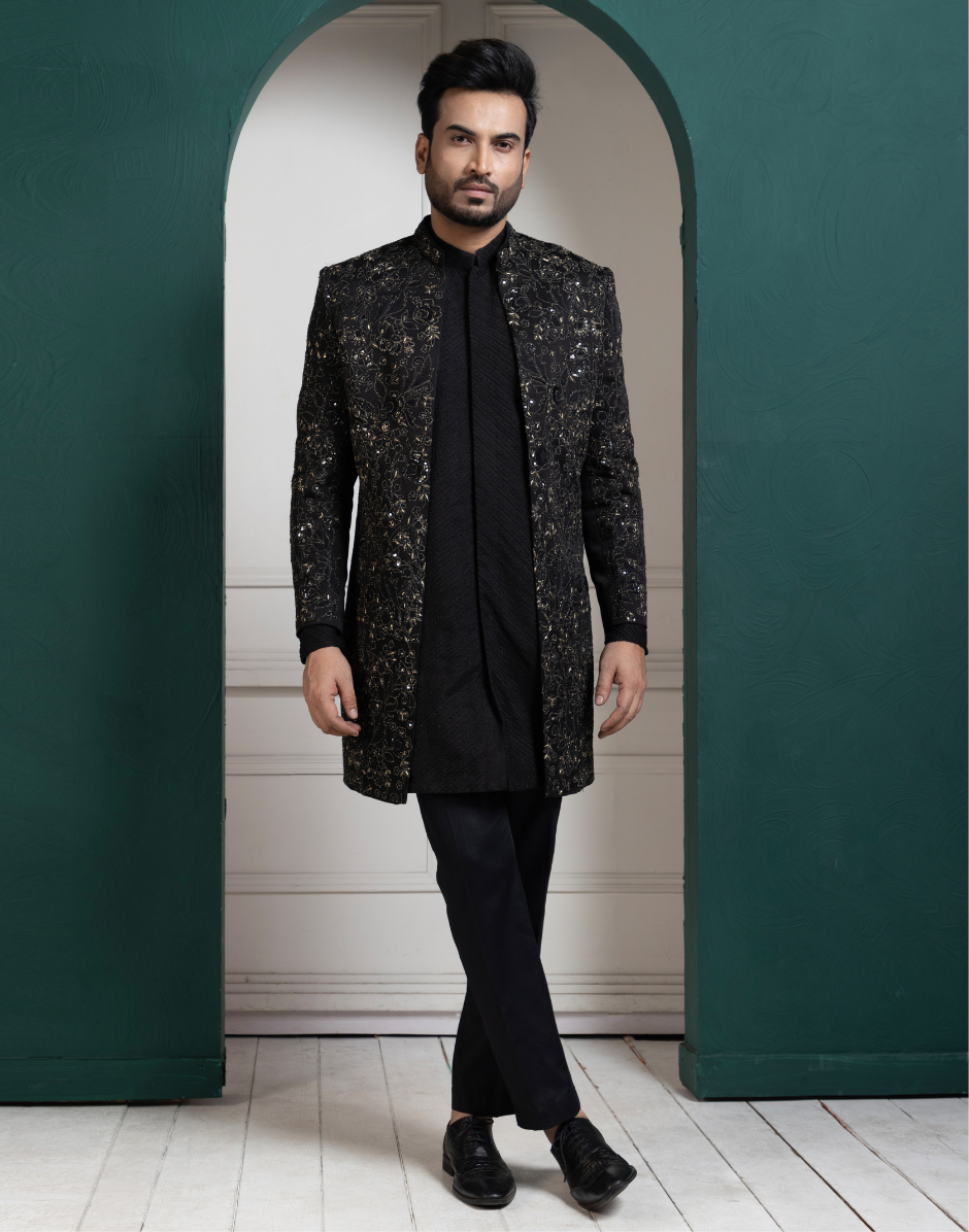 Midnight Black Embroidered Achkan and Kurta Set Regal Elegance Redefined