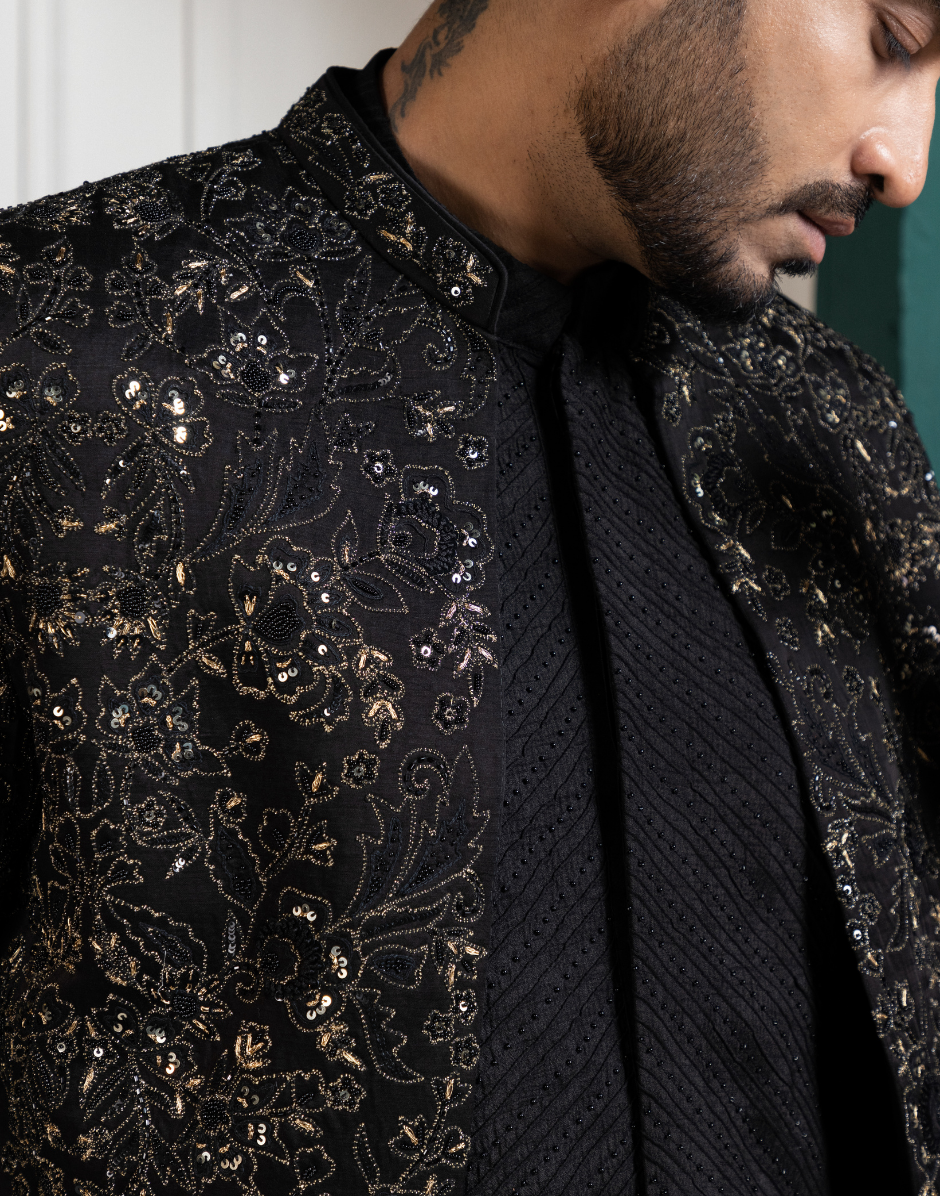 Midnight Black Embroidered Achkan and Kurta Set Regal Elegance Redefined