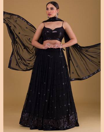 Midnight Elegance Black Georgette Lehenga with Sequins & Thread Embroidery Blouse & Dupatta Set