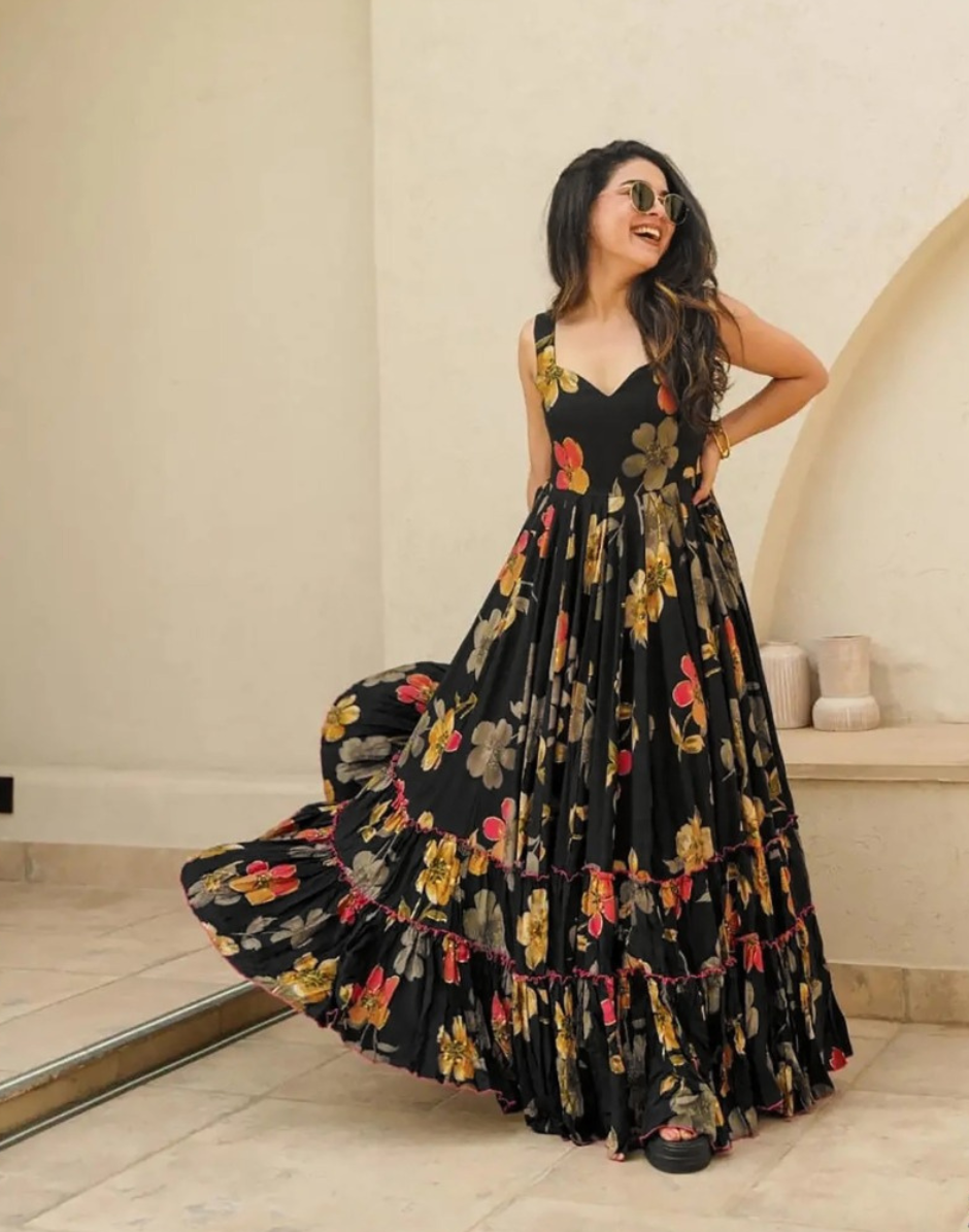 Midnight Elegance Black Rayon Fully Flared Digital Print Ethnic Gown