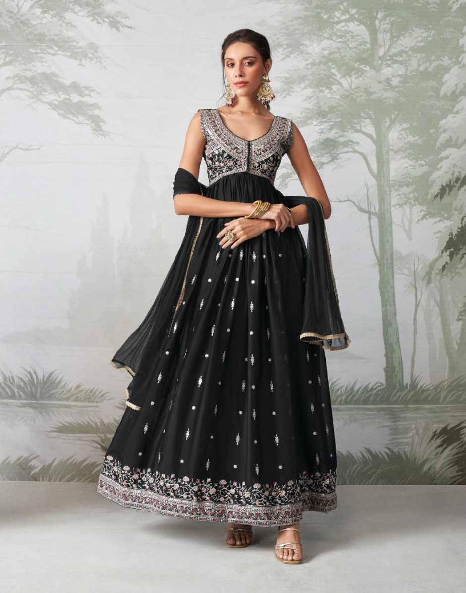Midnight Muse Black Embroidered Anarkali Set with Graceful Dupatta Timeless Ethnic Charm - Buy