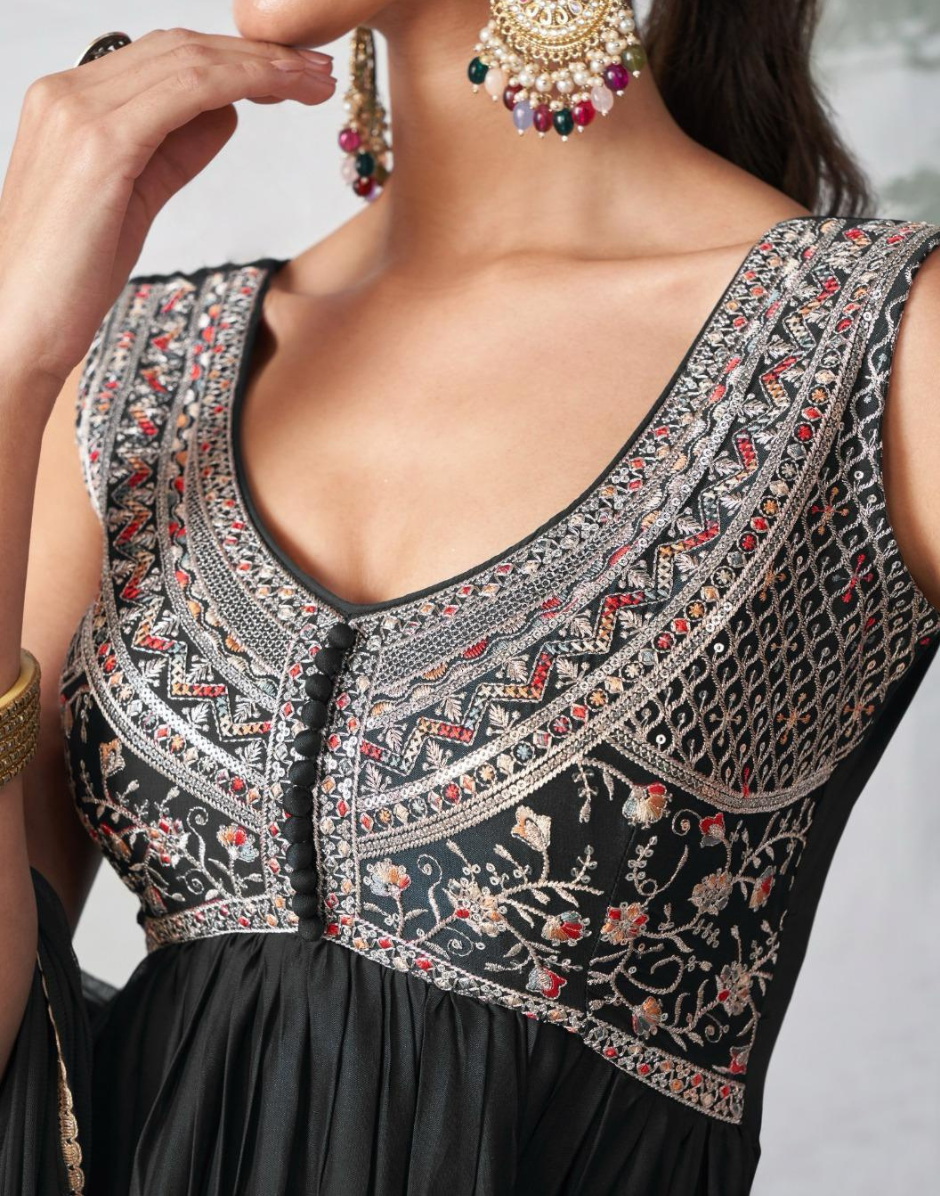 Midnight Muse Black Embroidered Anarkali Set with Graceful Dupatta Timeless Ethnic Charm - Buy_3