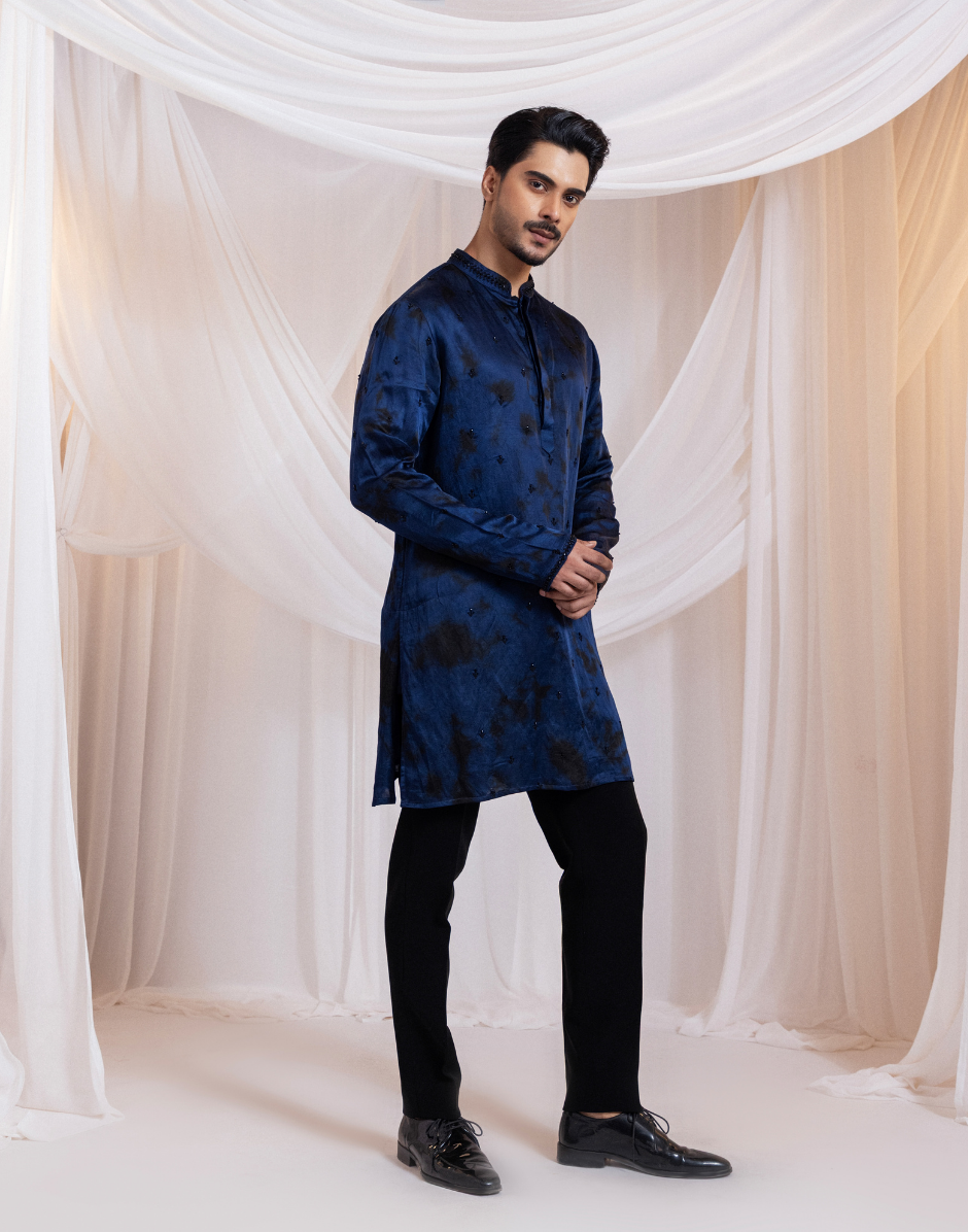Midnight Royal Tie-Dye Kurta Set Deep Blue & Black Lilan Satin Two-Piece_1