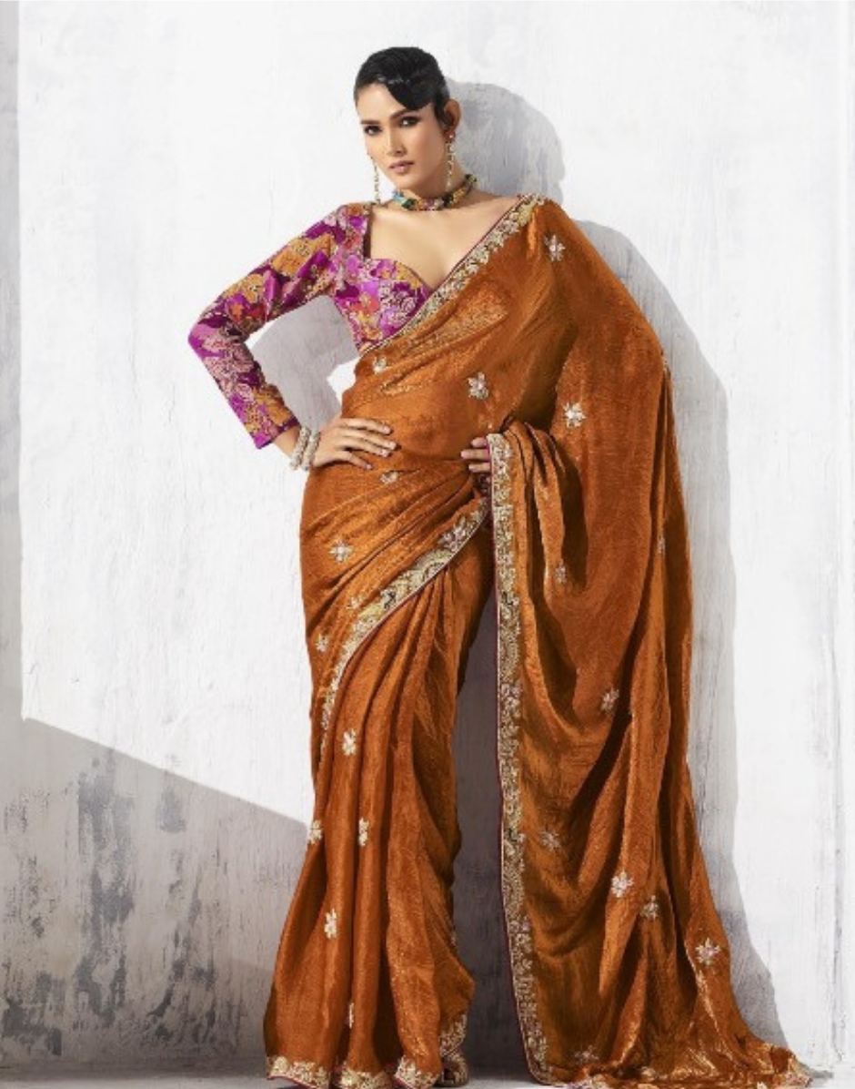 Minimalist Elegance Brown Embroidered Saree and Printed Blouse - Buy