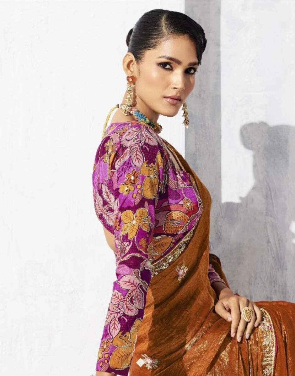 Minimalist Elegance Brown Embroidered Saree and Printed Blouse - Buy