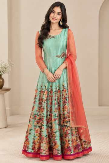 Mint Green Colored Anarkali Set for Wedding Guest- Rent