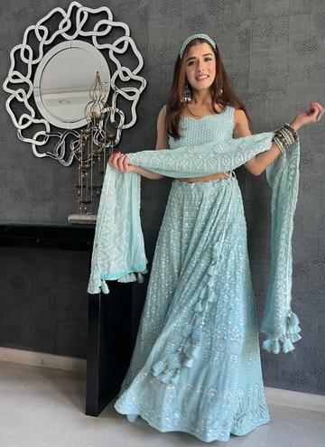 Mirror Sky Blue Georgette Lehenga - Rent