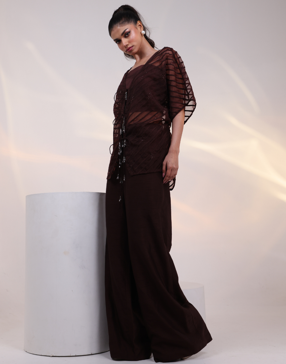 Mocha Brown Three-Piece Co-Ord Set with Bustier, Sheer Kaftan Top & Cutdana Detailing